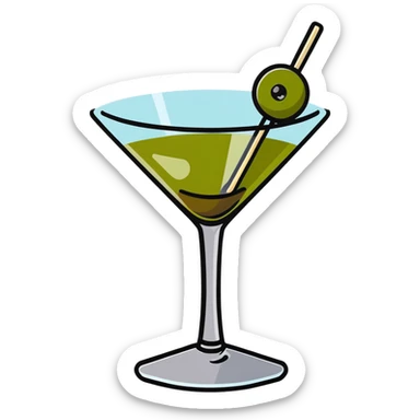 martini glass with crystal clear transparent liquid and an olive at the bottom skewered by a toothpick sticker