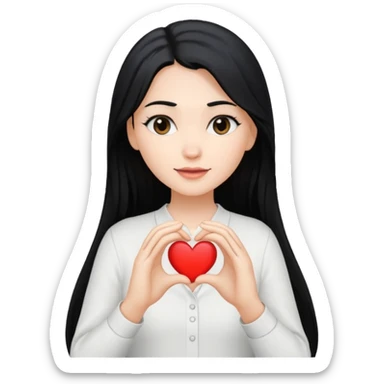 Mujer blanca cabello largo  negro haciendo un corazon con sus manos y tenga una camisa blanca sticker