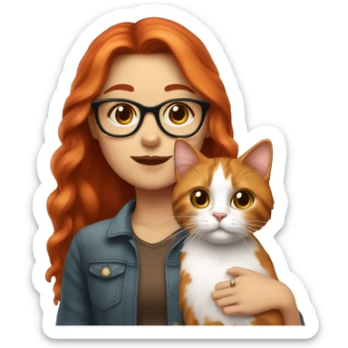 White skin Red head girl with glasses holding long-haired calico cat sticker