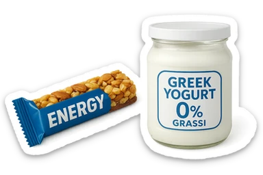 BARRETTA ENERGETICA E BARATTOLO DI YOGURT GRECO CON  LA SCRITTA "0% grassi" SULL'ETICHETTA  , ISOLATA SU SFONDO BIANCO sticker