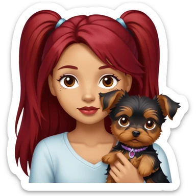 a light skin  girl with a yorkie puppy with dark red long hair sticker