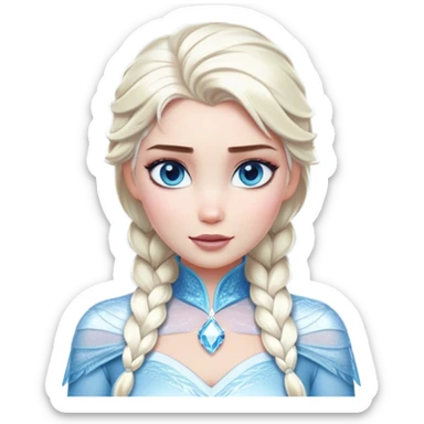 Cinematic Realistic Elsa Portrait, depicted with lifelike skin texture, soft natural lighting, and intricately detailed platinum blonde hair styled elegantly. Her striking, expressive blue eyes exude confidence and grace, complemented by a serene and regal expression. She is dressed in her signature icy attire, with shimmering fabric textures and delicate folds that catch the light beautifully. The portrait features a soft, enchanting glow with a cool, radiant finish, capturing the essence of timeless elegance in a realistic and painterly style, evoking a sense of depth and authenticity. sticker