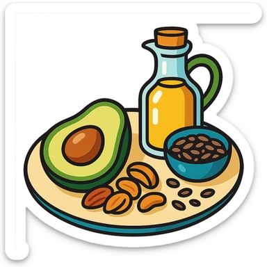 plate with avocado, nuts, olive oil, and seeds in vibrant toon style sticker