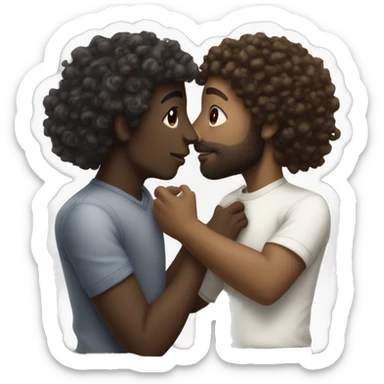 Dark skinned guy curly hair kissing a white guy with silky hair sticker