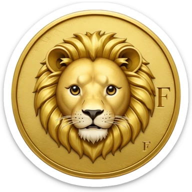 Fais un emoji de pièce d'or ronde avec l'inscription "F" dessus et un lion très détaillé gravé sur la pièce. Le F et le lion doivent être très lisible ainsi que les détails autour de la pièce. Le lion doit être gravé et en 2D il doit pas ressortir, il doit être subtile, le F doit être très visible sticker