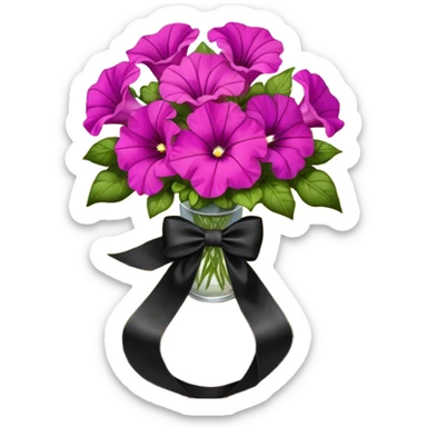 A lush bouquet of bright light margenta color petunia black satin ribbon, resting on an antique wooden table, with a pale yellow and pink plaid pattern table cloth sticker