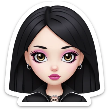 pretty bratz girl, black straight hair, dark brown eyes, pink lips, black eyeliner, pale skin, black gothic clothes sticker