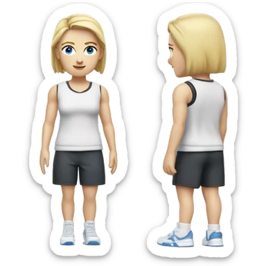 Close up Actively Pale skinned Fit woman With the biceps and blonde hair in dark gray Sleeveless Mike, black sports shorts, watch and white Sneakers and Blue Eyes  sticker