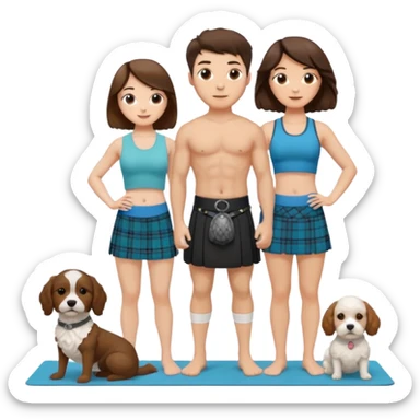 emoji of brunette man wearing kilt, brunette woman in yoga outfit and white cockapoo dog sticker