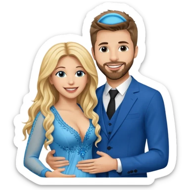 Shakira with blue eyes and her husband  Gerard pique with blue eyes  holding her in his arms. They both laugh at each other. Its beautiful and romantic. Also their outfits are very elegant  sticker