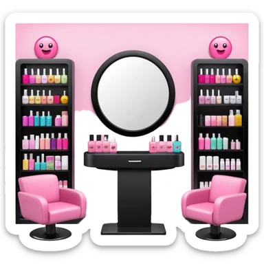 big beauty salon showcase with well-organized brand-labeled beauty products on a white shelves, emoji style, with a nearby hairstylist chair in pink color and a big mirror, different chair color sticker