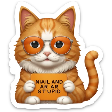 Cat wearing sunglasses and he has a sign on top of him saying "niall and arhaan are stupid" sticker