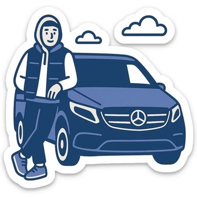 minimal flat icon style of a guy in a white hoodie, black vest, and sneakers, leaning on a black Mercedes V-Class van sticker