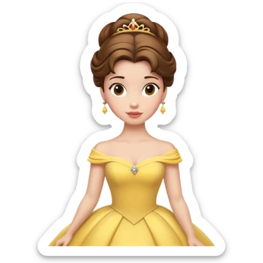 Belle princess from hips up, yellow ballgown, brown hair in updo, minimal style but clearly recognizable sticker
