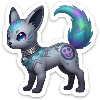 Rar iridescent silvery exotic cute epic aesthetic gothic colorful Salandit-Eevee-Civet-species-Fakemon-hybrid-creature, with a collar, and with intricate tribal markings, full body sticker