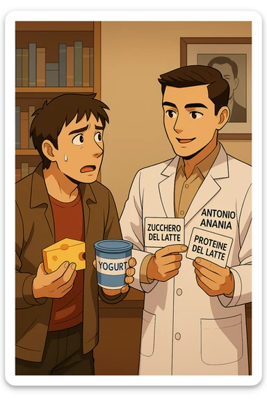 fai un webtoon manga a colori con questo stile, in cui un uomo fa una domanda al kinesiologo con il camice bianco (fagli anche la scritta "ANTONIO ANANIA" SUL CAMICE, l'uomo chiede una cosa mostrando un formaggio e uno yogurt al kinesiologo con il camice, IL KINESIOLOGO annuisce e SPIEGA ALL'UOMO UNA cos. L'UOMO ha un ESPRESSIONE CONFUSA IN VOLTO. non fare i fumetti però, fai solo in modo che sembri stiano parlando sticker