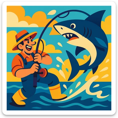 a fisherman gripping a pole, reeling in a shark, dynamic and colorful illustration sticker