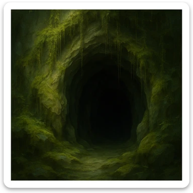 a mysterious cave entrance, natural rock, dark opening, moss and vines, fantasy style sticker