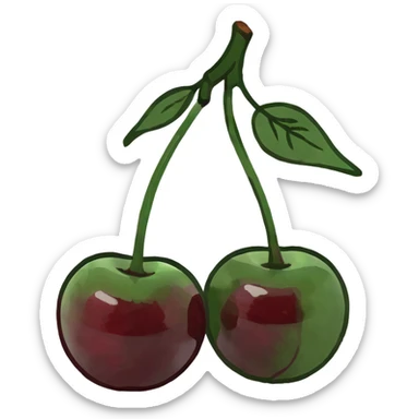 3D style pair of deep burgundy cherries with green stem, rich dark red color sticker