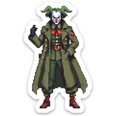 evil clown soldier, bald, small black horns on forehead, fangs, pointed ears, eye patch over one eye, long coat over black and military green clothes with bellbottom pants, realistically proportioned, less bulky, full body, fighting stance sticker