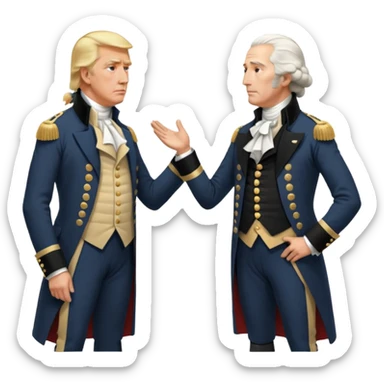 “Donald Trump and George Washington facing each other. Trump in a modern suit, visibly shocked. George Washington in colonial uniform, calm and silent. Realistic style, cinematic lighting.” sticker