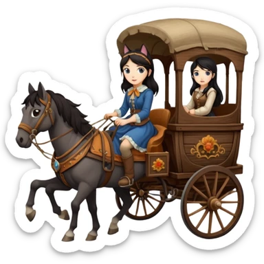  Rustic wood detailed 1854 pretty dark-haired Catgirl driving a huge horse-drawn stagecoach Caravan alone on a bumpy scary trail in the woods  sticker