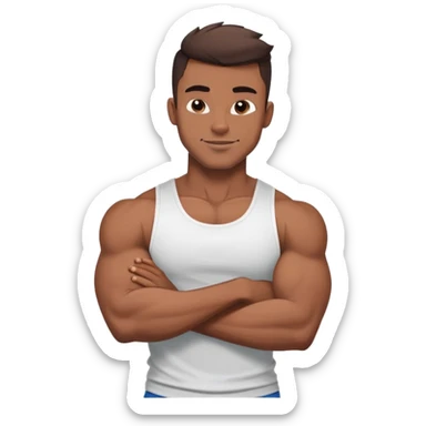 Handsome muscular boyfriend with defined abs, wearing a tank top, strong jawline, darkerr skin, charming smirk, flexing arm, sticker