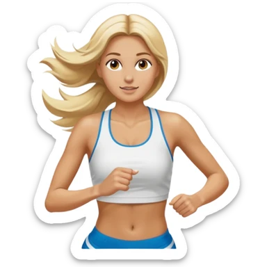 Mujer color de piel moreno, con cabello rubio largo, lacio y suelto, bonita, nariz respingada, corriendo con ropa deportiva color blanco  sticker