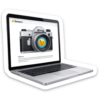 Create an emoji representing blogging. The design should feature an open laptop with a visible blog post on the screen, showing text. Add a photo or video camera to emphasize multimedia content. Do not include any emojis or smiley faces. Make the background transparent. sticker