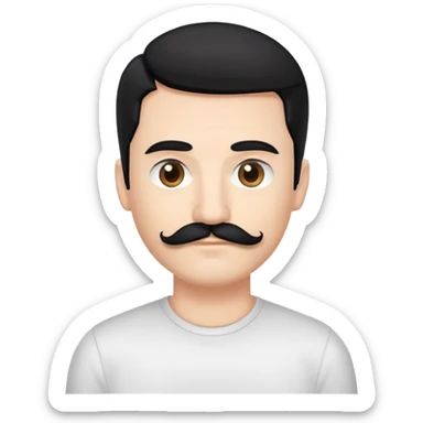 white tech bro with black hair, black mustache, brown eyes. No forehead wrinkles & black shirt. sticker