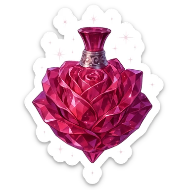 luxurious crystal elixir bottle in rose flower shape, deep pink color, ornate silver and iridescent details, very small neck, seamless bottom, transparent background, bottle clearly floating in air, no base or shadow, modern, collection style, magical glowing and sparkling effects sticker