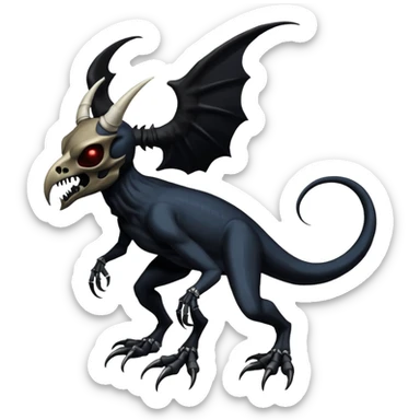 Shiny Dark Edgy  Duskull-Salandit-Inteleon-Amaura-Fakémon-hybrid-creature (full body) with a horned bird-skull-mask sticker