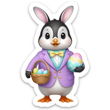 Penguin dressed for Easter carrying an Easter basket with a bunny in it sticker