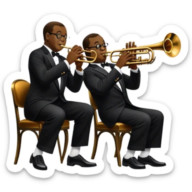 Icon for Jazz Music: collage of Louis Armstrong with his trumpet and Glenn Miller with his orchestra. Silhouettes of musicians, brass instruments, and musical notes. The design should convey the classic, smooth vibe of jazz. Transparent background. sticker