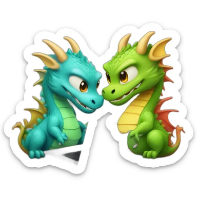 two dragon friends different colors looking at a laptop sticker
