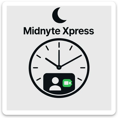 Clock at midnight with a FaceTime video call window as the clock face, 'Midnyte Xpress' in bold above, half moon above the text. Sleek, digital-inspired, minimalist, tech-forward, modern, clear, visually balanced design. sticker