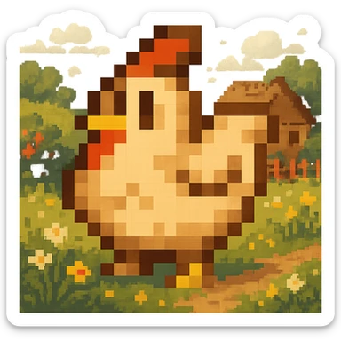 Using a transparent background, re-imagine this pixelated chicken in a cottage core setting sticker