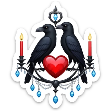 red heart with a black raven, moon, and chandelier, dark romance sticker