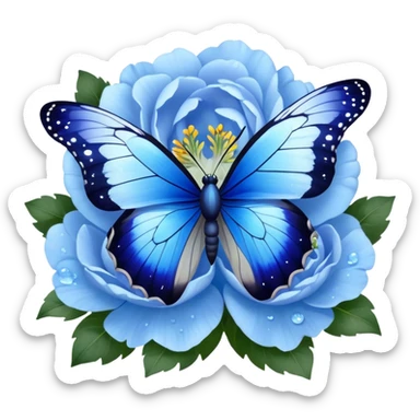 A mesmerizing butterfly with sapphire blue and icy blue wings, delicately speckled with silver, gracefully resting on a lush bouquet of pastel blue peonies and deep blue pansies, their velvety petals glistening with morning dew. sticker