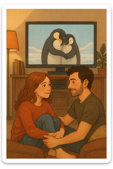 Vertical format: A couple watching an animal documentary on TV, on the screen two penguins hugging, the couple exchanging a look of complicity. sticker