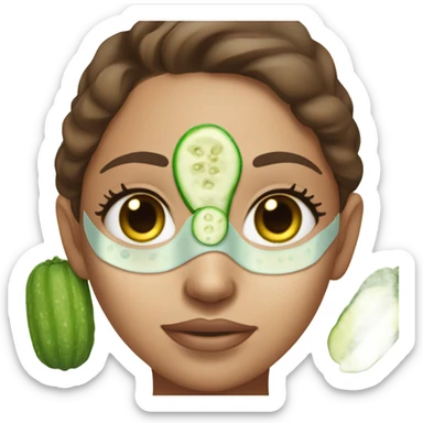 Girl with freackles Brown hair and white skin blue eyes wears skin care mask Thats Green and pickle on her closed eyes sticker