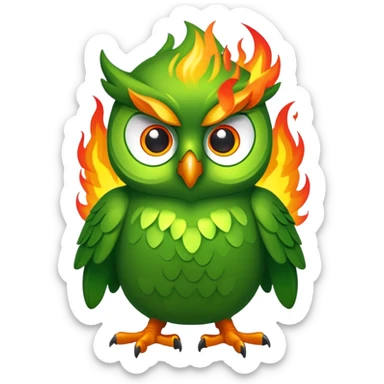 Duolingo green owl mascot with fire flames behind it sticker