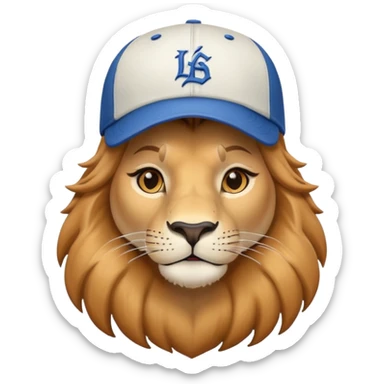 confident female lion head and shoulders wearing a baseball cap sticker