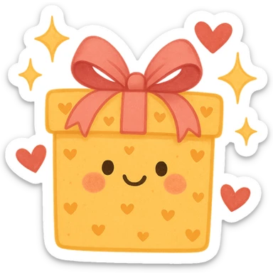 cute gift box with sparkling stars and hearts, smiling wrapping paper, remove background sticker
