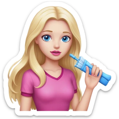 A cinematic realistic blonde with long hair, blue eyes and pink lips cleans a room sticker