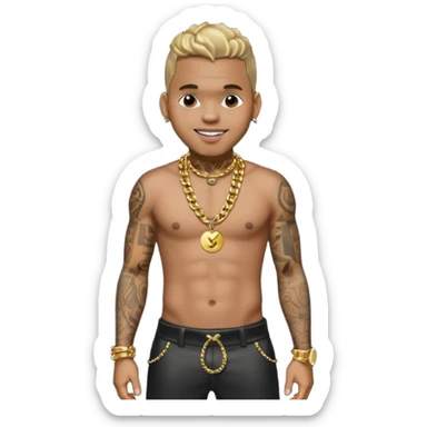 Chris Brown with metallic black pants, shirtless with necklace sticker