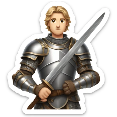 With gray eyes, with gray eyes, A young man with light brown hair and gray eyes, in knightly armor, fantasy, looks seriously, holds a sword in his hands sticker