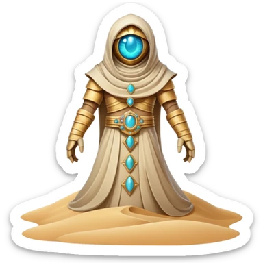 A guardian made of interlocking dunes that forms temporary bodies from compressed sand, adorned with gemstone eyes that change color to warn of approaching sandstorms or oasis locations. full body sticker