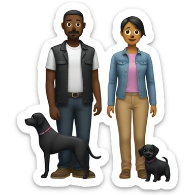 Lesbian woman and gay man stand next to a black dog sticker