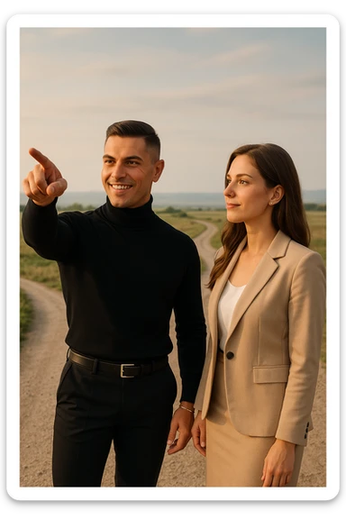 Editorial photo of a confident man standing at a crossroads, pointing decisively toward a clear path ahead. Beside him, a woman looks at him with trust and readiness to follow. Both are well-dressed, the setting is an open landscape with soft, natural light. The mood is one of leadership, guidance, and partnership. sticker